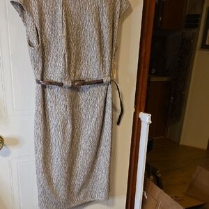 Elegant Tan And Cream Belted Dress